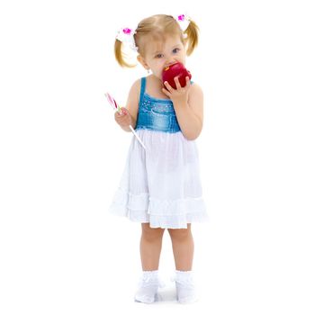 Little girl with an apple. Concept of healthy eating, harvesting. Isolated on white background.