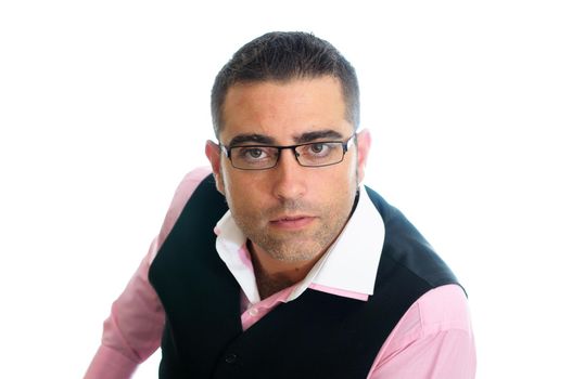A successful businessman with glasses wearing vest and pink shirt