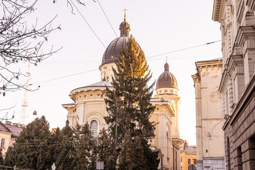 Lviv, Ukraine old town rynok market square alley in Lvov with winter Christmas