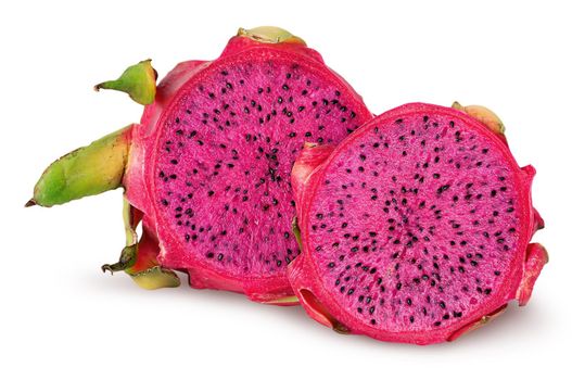 Dragon fruit two halves one behind the other isolated on white background