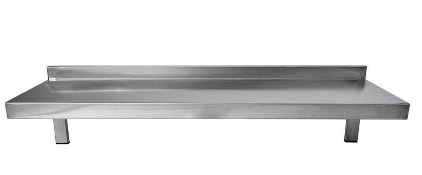 Metal industrial kitchen shelf of stainless steel isolated on white background