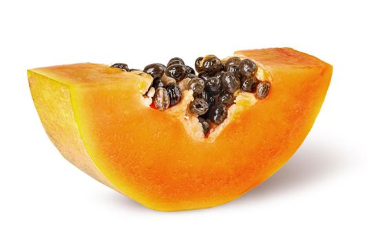 Small piece of ripe papaya rotated isolated on white background