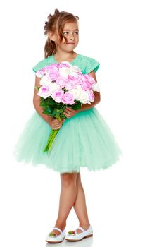 Little girl with a beautiful bouquet of flowers. The concept of holidays, family and children. Isolated on white background.