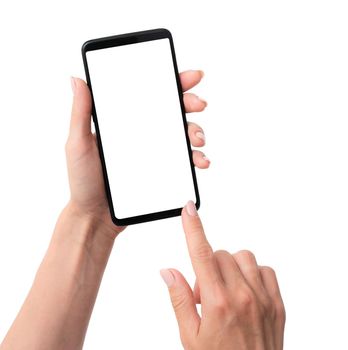 User holding modern smartphone with white screen in hand isolated on a white background