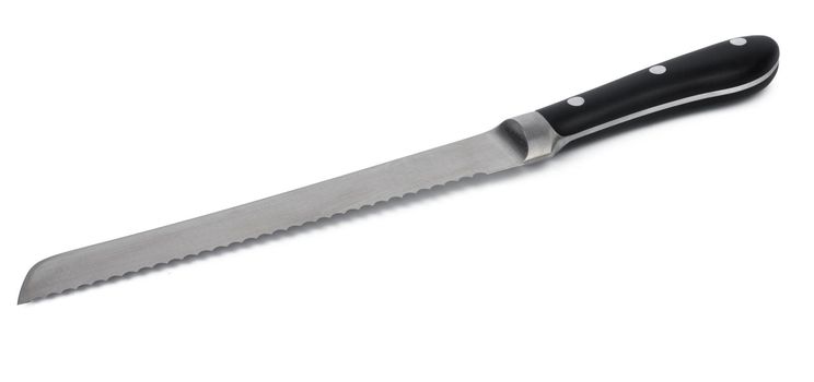 New sharp metal knife on white background close up