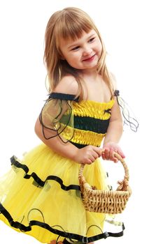 Little girl in a beautiful yellow dress isolated on white background.Happy childhood, adolescence, the development of the family concept.