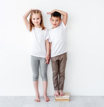 Funny little boy standing on books near sister to be higher