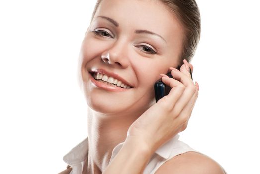 young beautiful business woman with phone isolated over a white background