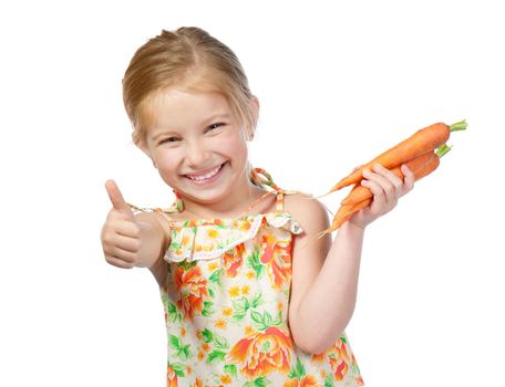 Cute little girl with the carrot on a white background isolated