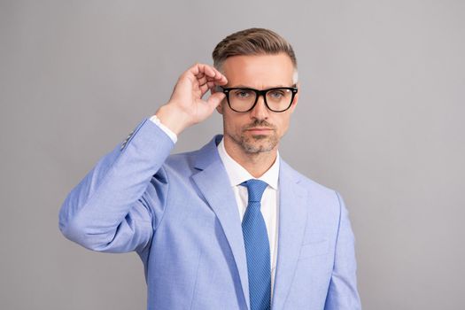 optical eyecare. guy look like nerd. smart and confident businessman in suit. male fashion accessory. man portrait wear eyeglasses. vision acuity and eyesight. vision correction for eye health.