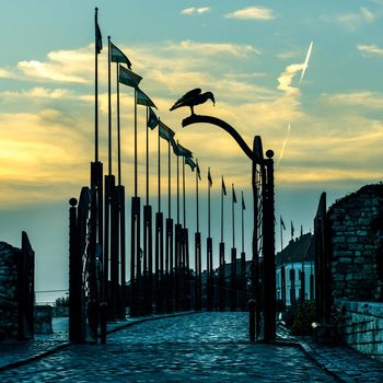 Hungarian flags in old town. Budapest. Hungary