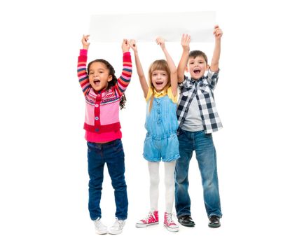 three children with open mouths holding empty sheet of paper isolated on white background