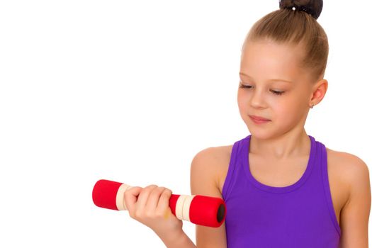 A cute little girl doing exercises with dumbbells. The concept of strength, health and sport. Isolated on white background.