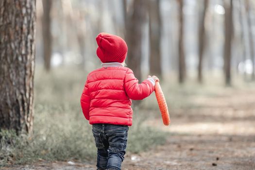Little girl child walking in the forest alone at autumn and holding dog rubber toy. Female kid in the wood outdoors