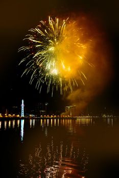 Bright colourful fireworks in the night sky of Baku, Azerbaijan