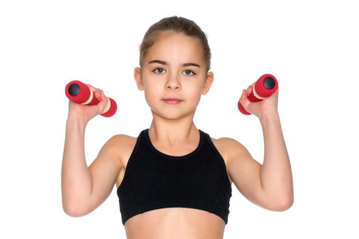 A cute little girl doing exercises with dumbbells. The concept of strength, health and sport. Isolated on white background.