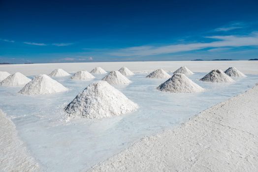 Sunshine scenery of area with salt banks in Salar de Uyuni in Bolivia