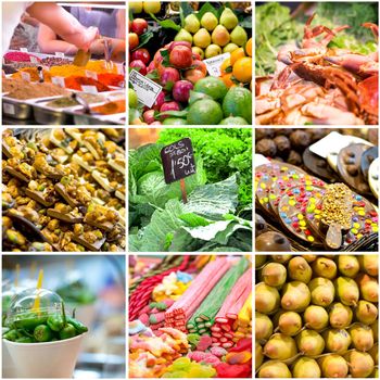 collage of photos from the Boqueria market in Barcelona. Spain