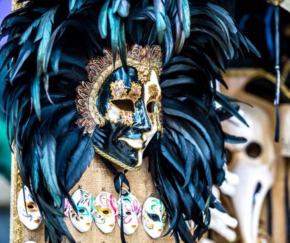 Venetian masks in store display in Venice. Annual carnival in Venice is among the most famous in Europe. Its symbol is the Venetian mask