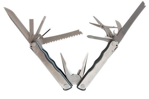 photo of  fully unfolded leatherman multitool  isolated on white background