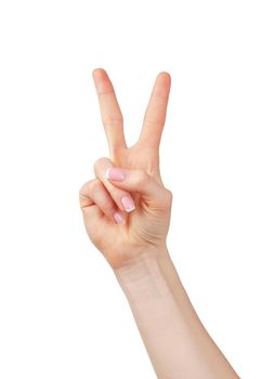 Female hand showing two fingers isolated on white background