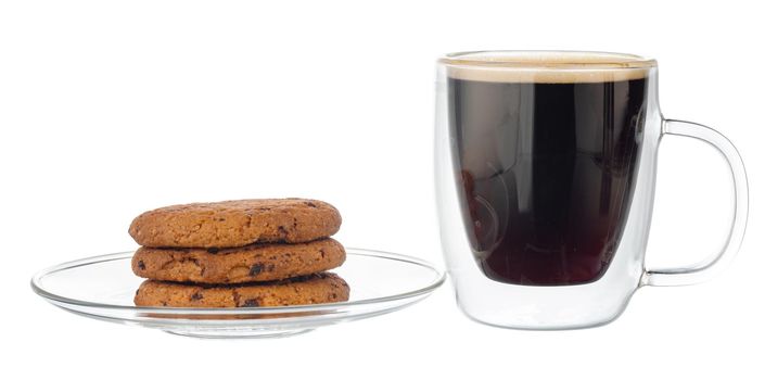 Glass cup of coffee with chocolate chip cookie isolated on white background