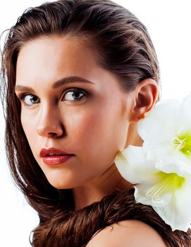 young pretty woman with Amarilis flower close up isolated on white, hands manicure