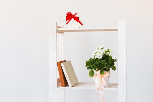 Heart shape gift box and books and indoor plant on a bookshelf. Minimal composition. Spring interior concept