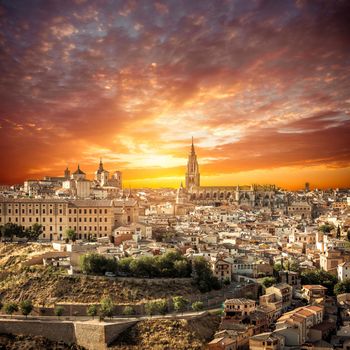 Toledo over sunset. medieval town in Spain