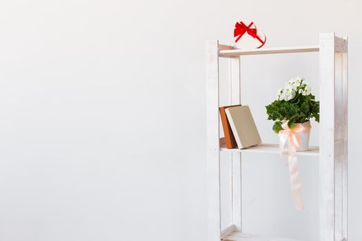 Heart shape gift box and books and indoor plant on a bookshelf. Minimal composition. Spring interior concept