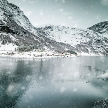 fjords. high mountains on twilights in Norway, winter