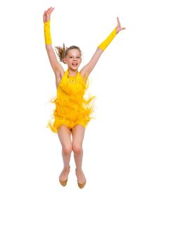 Girl gymnast performs a jump. The concept of fitness, gymnastics, sports. Isolated on white background.