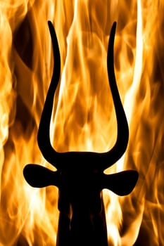 photo of the bull figurine with real flame background