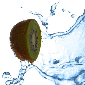 photo of the water splashing on kiwi slice isolated on white