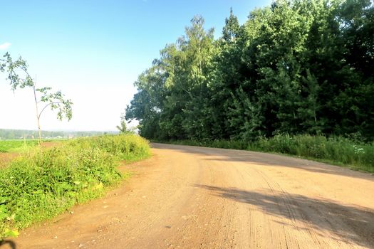 Gravel road on a sunny summer day leading happiness. Relaxing walk along the path. Near the village and summer vacation.