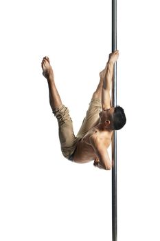 Young strong pole dance man isolated over white background