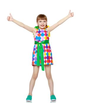 A sweet little blonde girl with long pigtails, in which large colored bows are braided, and a short bangs on her head. In a short summer dress.She gestures.