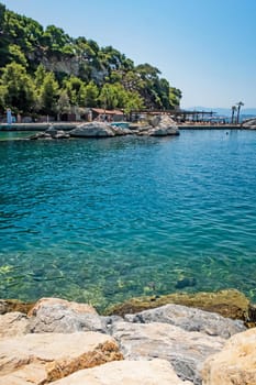 Kusadasi,Aydin,Turkey- July 25,2021.The view from Pinebay holiday village and resort in Kusadasi, in the sea and nature and summer sesason.