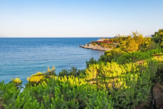 Kusadasi,Aydin,Turkey- July 25,2021.The view from Pinebay holiday village and resort in Kusadasi, in the sea and nature and summer sesason.