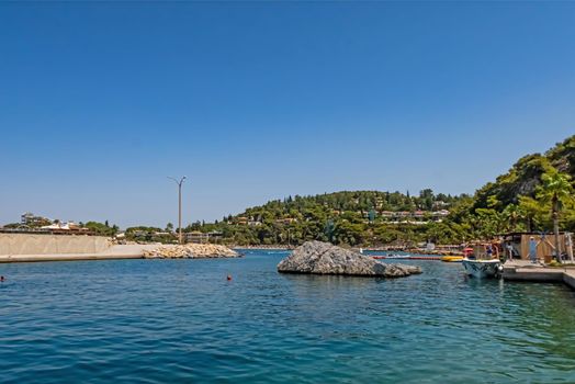 Kusadasi,Aydin,Turkey- July 25,2021.The view from Pinebay holiday village and resort in Kusadasi, in the sea and nature and summer sesason.