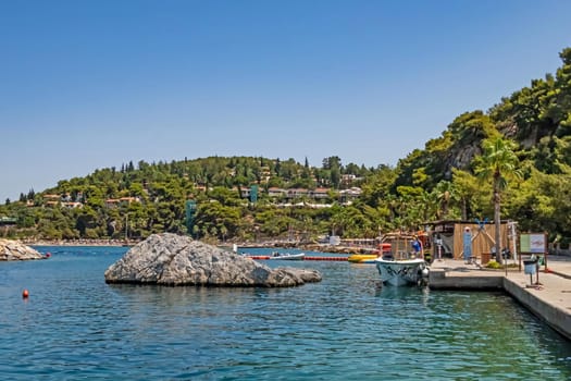 Kusadasi,Aydin,Turkey- July 25,2021.The view from Pinebay holiday village and resort in Kusadasi, in the sea and nature and summer sesason.