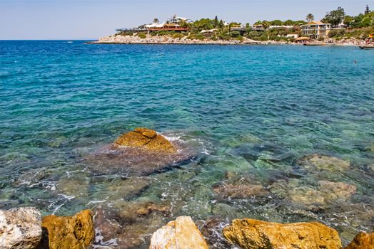 Kusadasi,Aydin,Turkey- July 25,2021.The view from Pinebay holiday village and resort in Kusadasi, in the sea and nature and summer sesason.