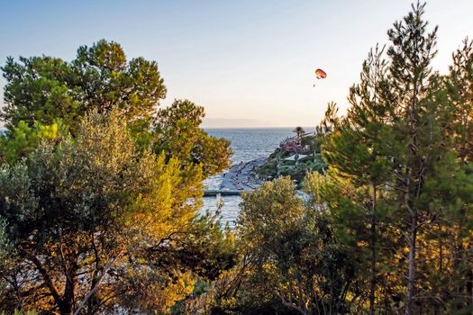 Kusadasi,Aydin,Turkey- July 25,2021.The view from Pinebay holiday village and resort in Kusadasi, in the sea and nature and summer sesason.