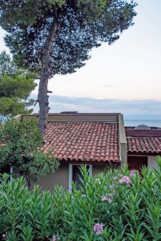 Kusadasi,Aydin,Turkey- July 25,2021.The view from Pinebay holiday village and resort in Kusadasi, in the sea and nature and summer sesason.