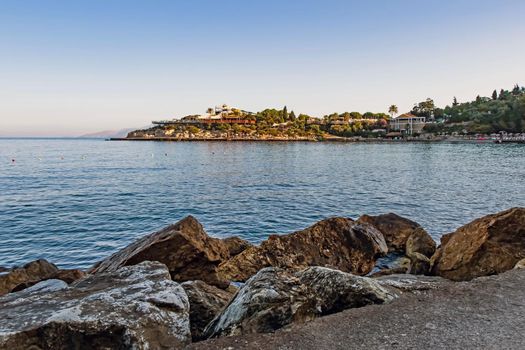 Kusadasi,Aydin,Turkey- July 25,2021.The view from Pinebay holiday village and resort in Kusadasi, in the sea and nature and summer sesason.