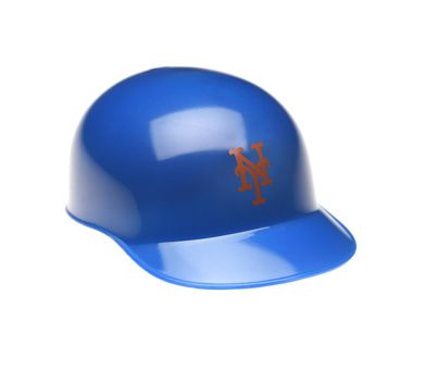 IRVINE, CALIFORNIA - FEBRUARY 27, 2019:  Closeup of a mini collectable batters helmet for the New York Mets of Major League Baseball.