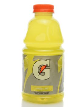 IRVINE, CA - SEPTEMBER 22, 2014: A bottle of Gatorade Lemon Lime Thirst Quencher. The beverage was first developed in 1965 by a team of researchers at the University of Florida.  
