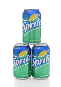 IRVINE, CALIFORNIA - JULY 10, 2017: Three Sprite Cans with condensation. Sprite is a lemon lime soft drink from the Coca-Cola Comapny.