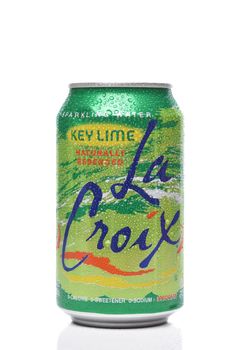 IRVINE, CALIFORNIA - 20 DEC 2019: A single can of La Croix Key Lime Sparkling Water with condensation isolated on white with reflection.