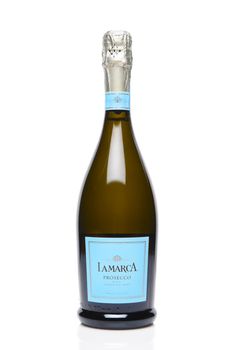 IRIVNE, CALIFORNIA- JULY 31, 2019:  A bottle of LaMarca Prosecco a sparkling wine from Italy.